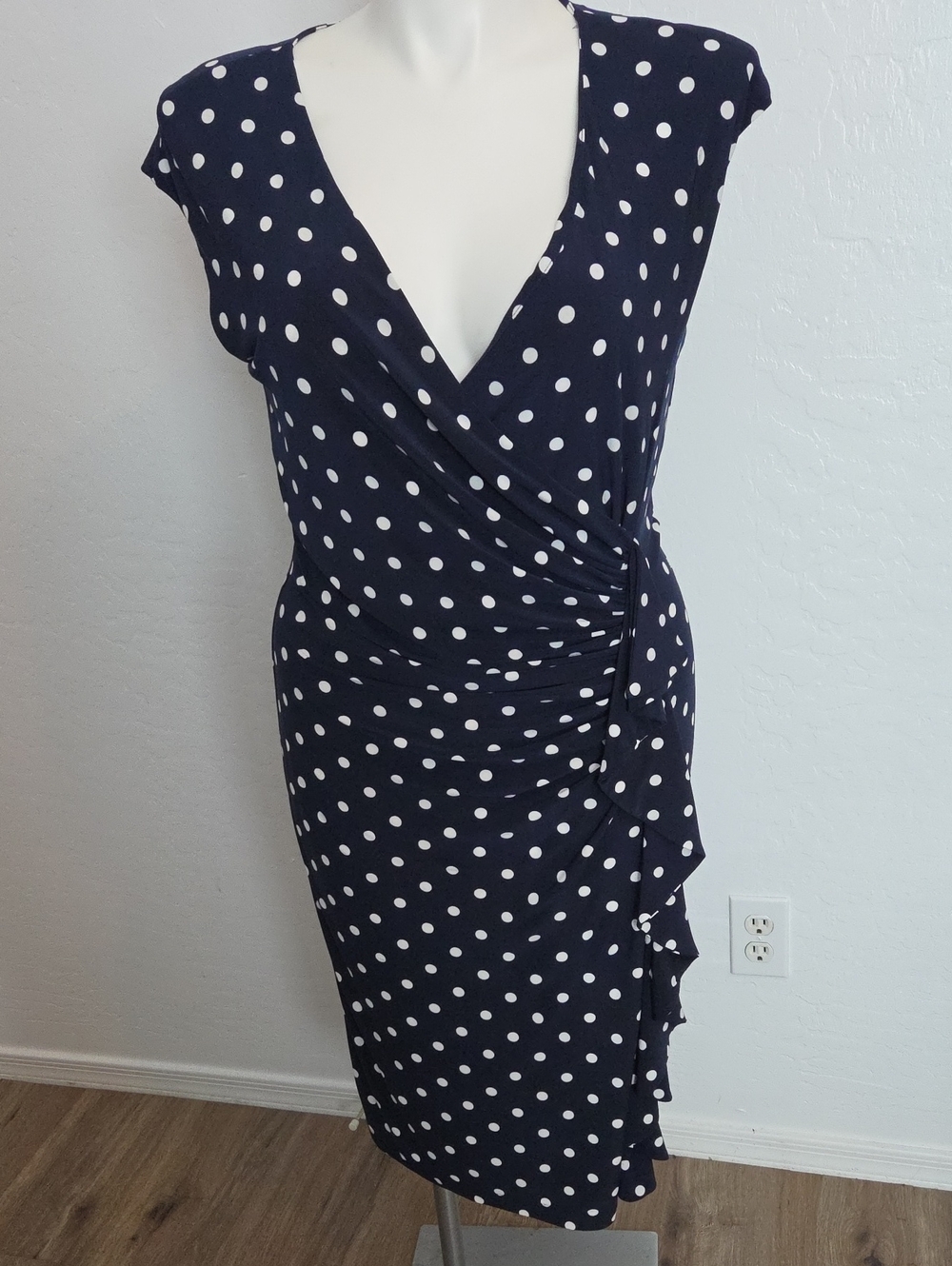 American Living Navy and White Polka Dot Wrap Midi Dress